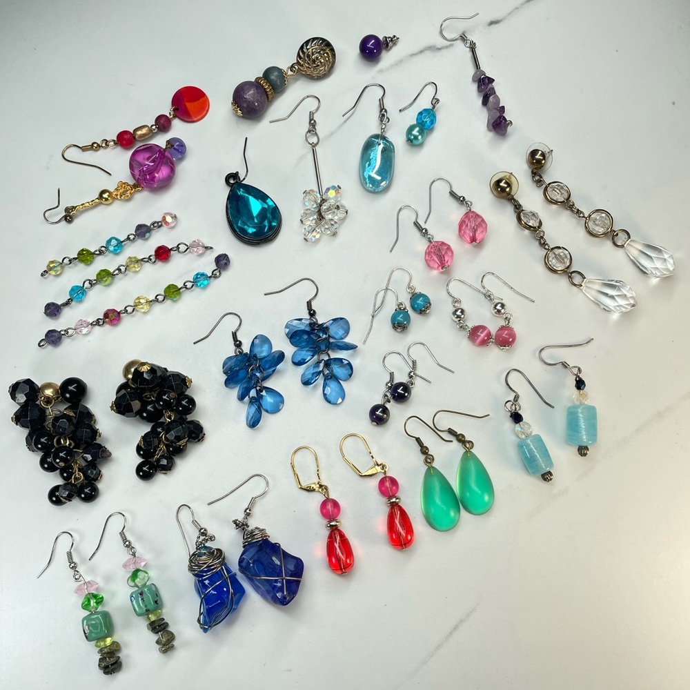 Beaded Earring Lot 12 pairs, singles for crafts vintage Y2K blue pink green blk